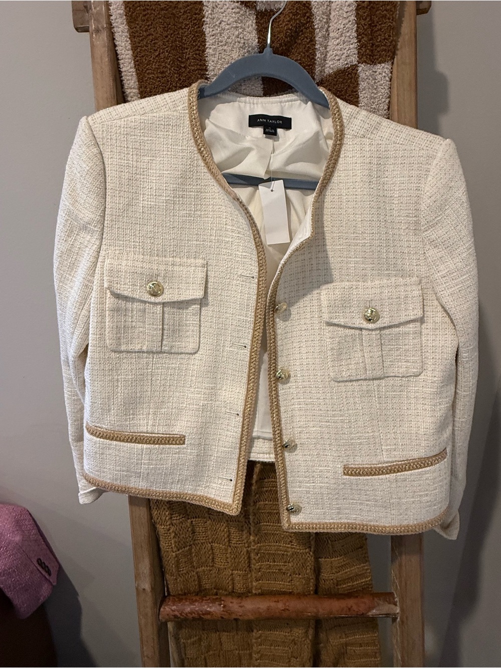 Ann Taylor Cream Tweed Jacket with Tan Braid Trim